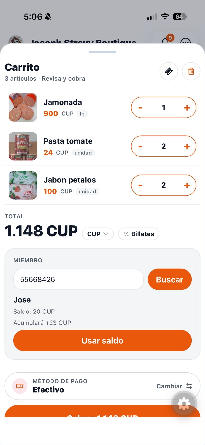 Pantalla de Cobro en la app POS Bembete