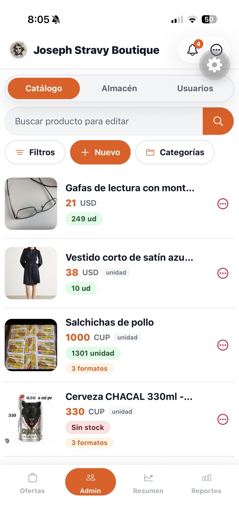 Pantalla de Inventario en la app POS Bembete