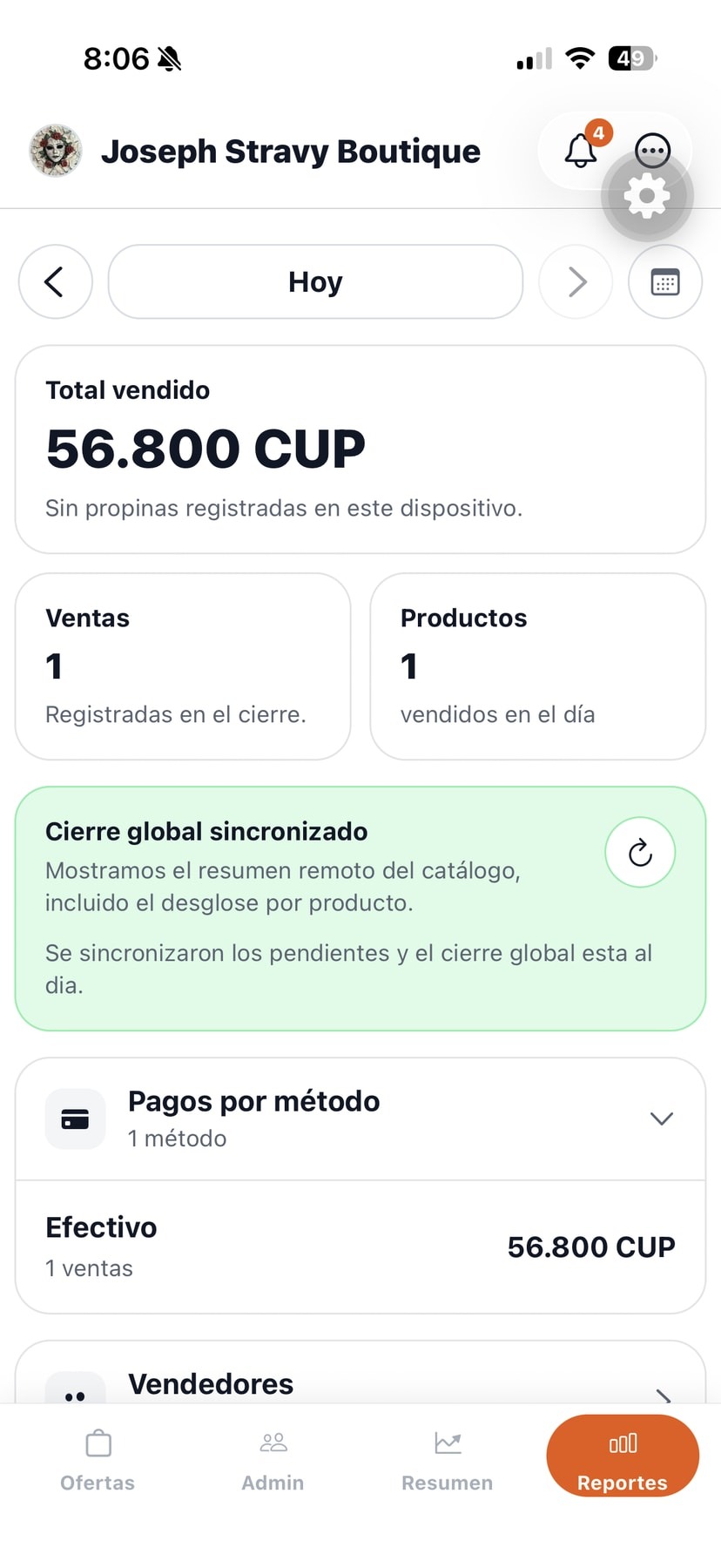 Pantalla de Cuadre en la app POS Bembete