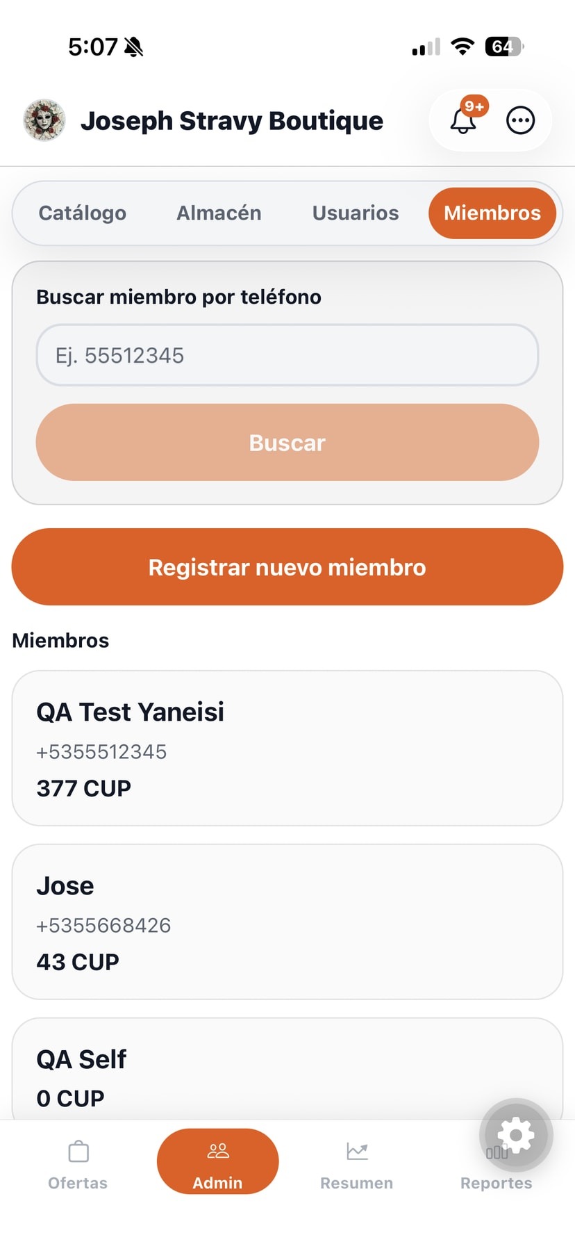 Pantalla de Miembros en la app POS Bembete