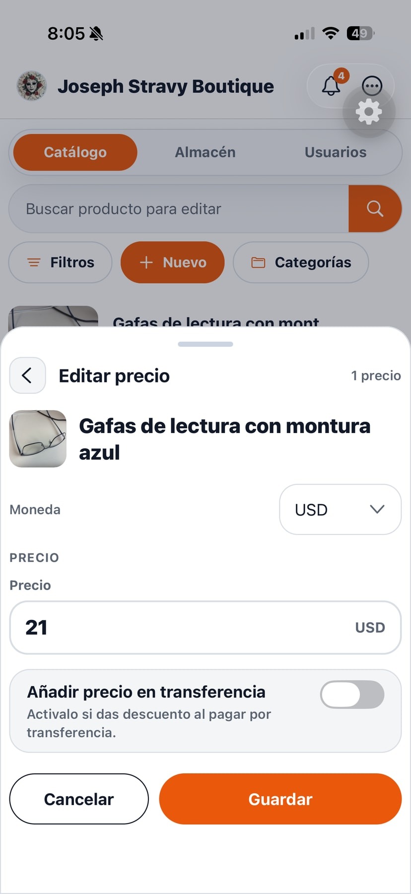 Pantalla de Precios en la app POS Bembete