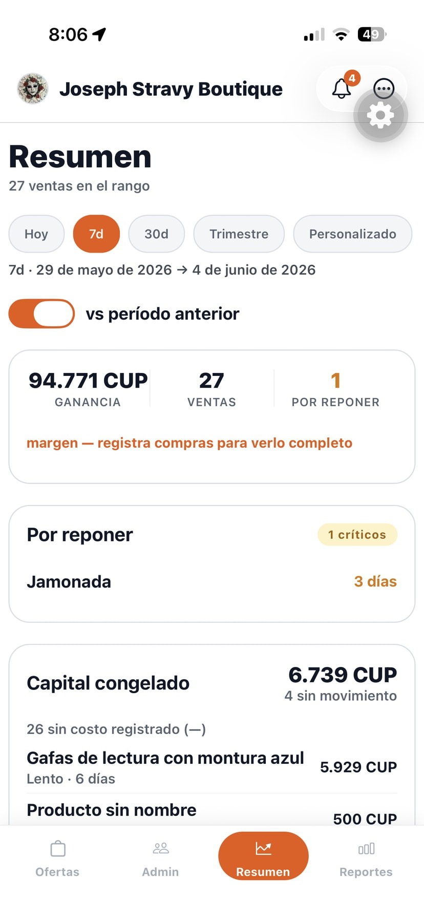Pantalla de Resumen en la app POS Bembete